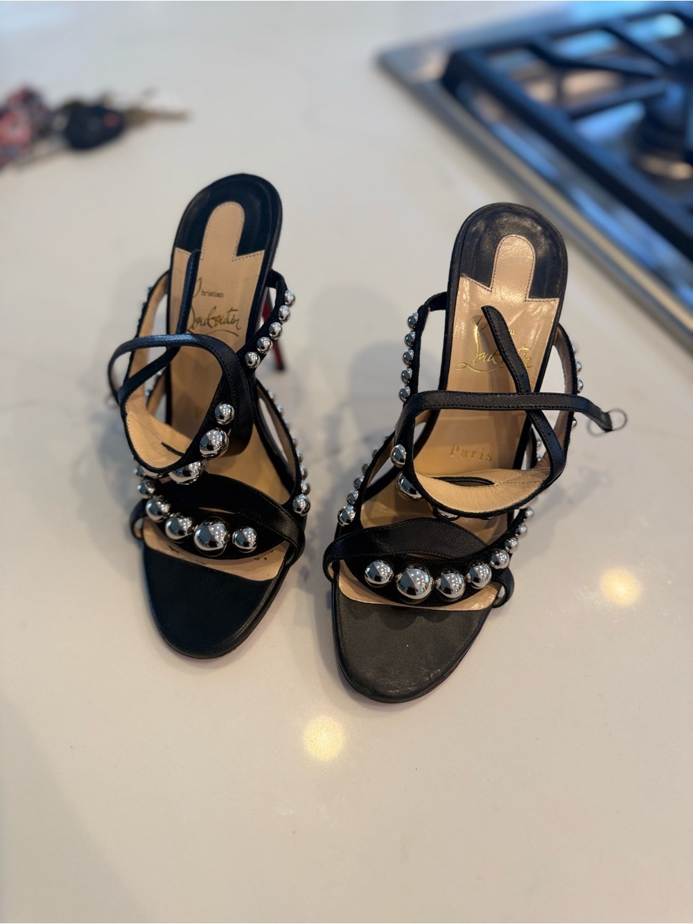 Christian Louboutin Black Strappy Heels with Silver Studs